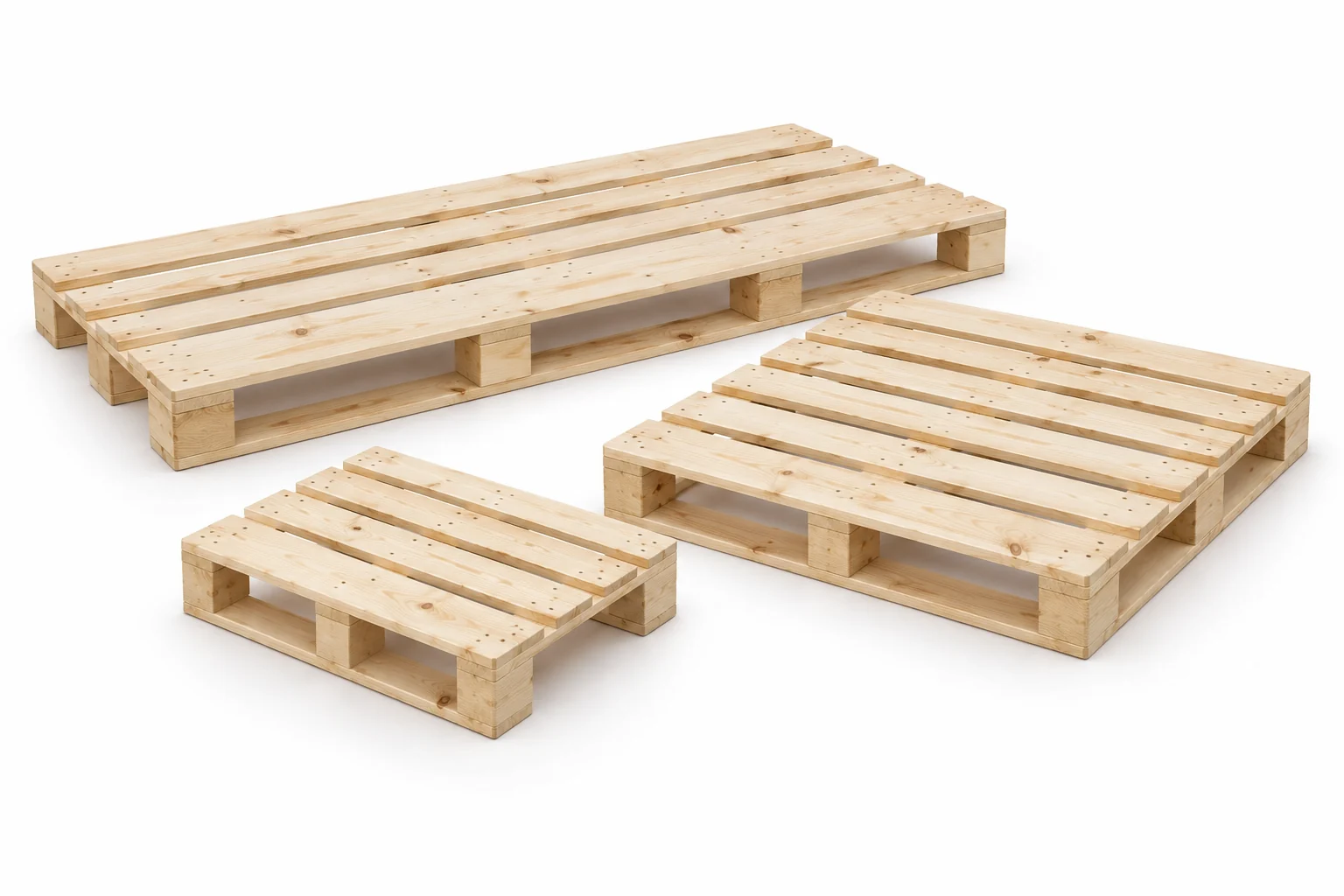 Group of three wooden pallets in different sizes and layouts