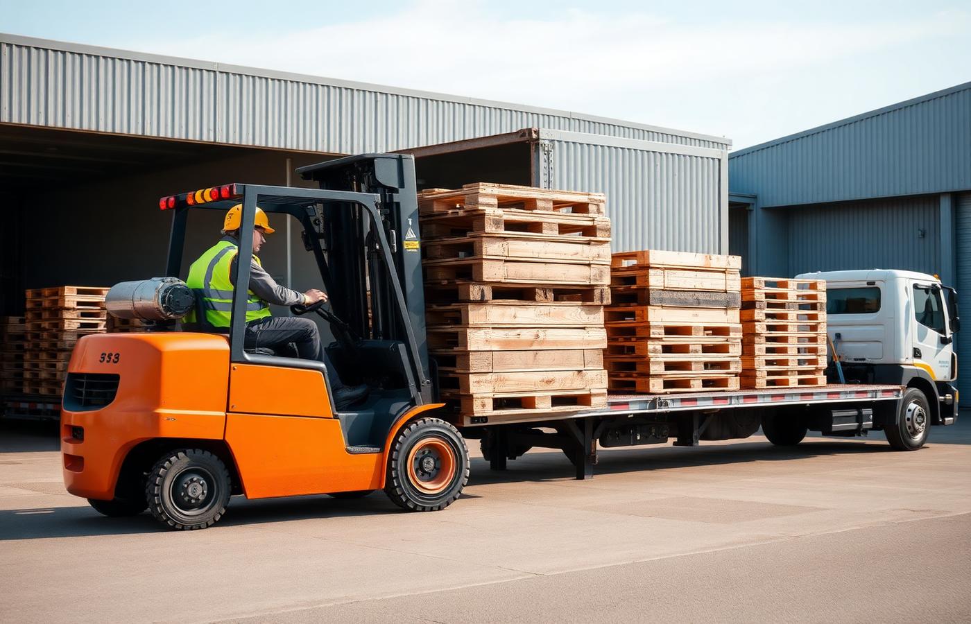 Forklift operator in high-visibility clothing loading stacked pallets onto a flatbed lorry