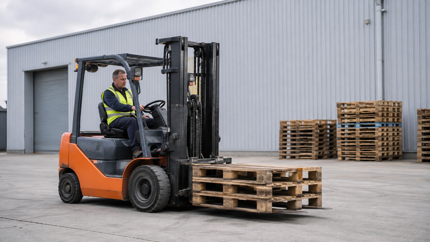 Forklift operator carrying a short stack of used wooden pallets in an industrial yard