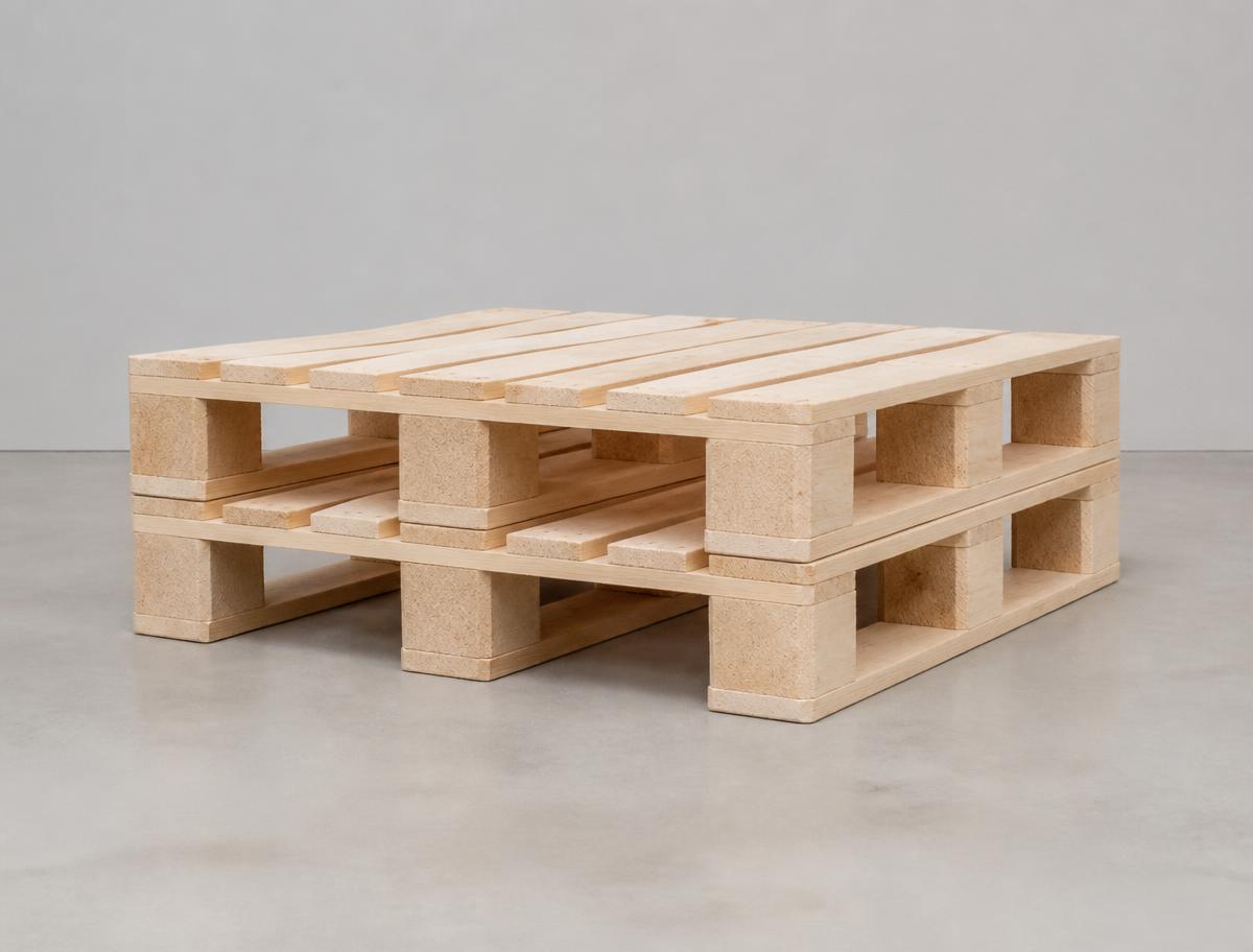 Two plain Euro-size 1200 by 800 mm wooden block pallets stacked