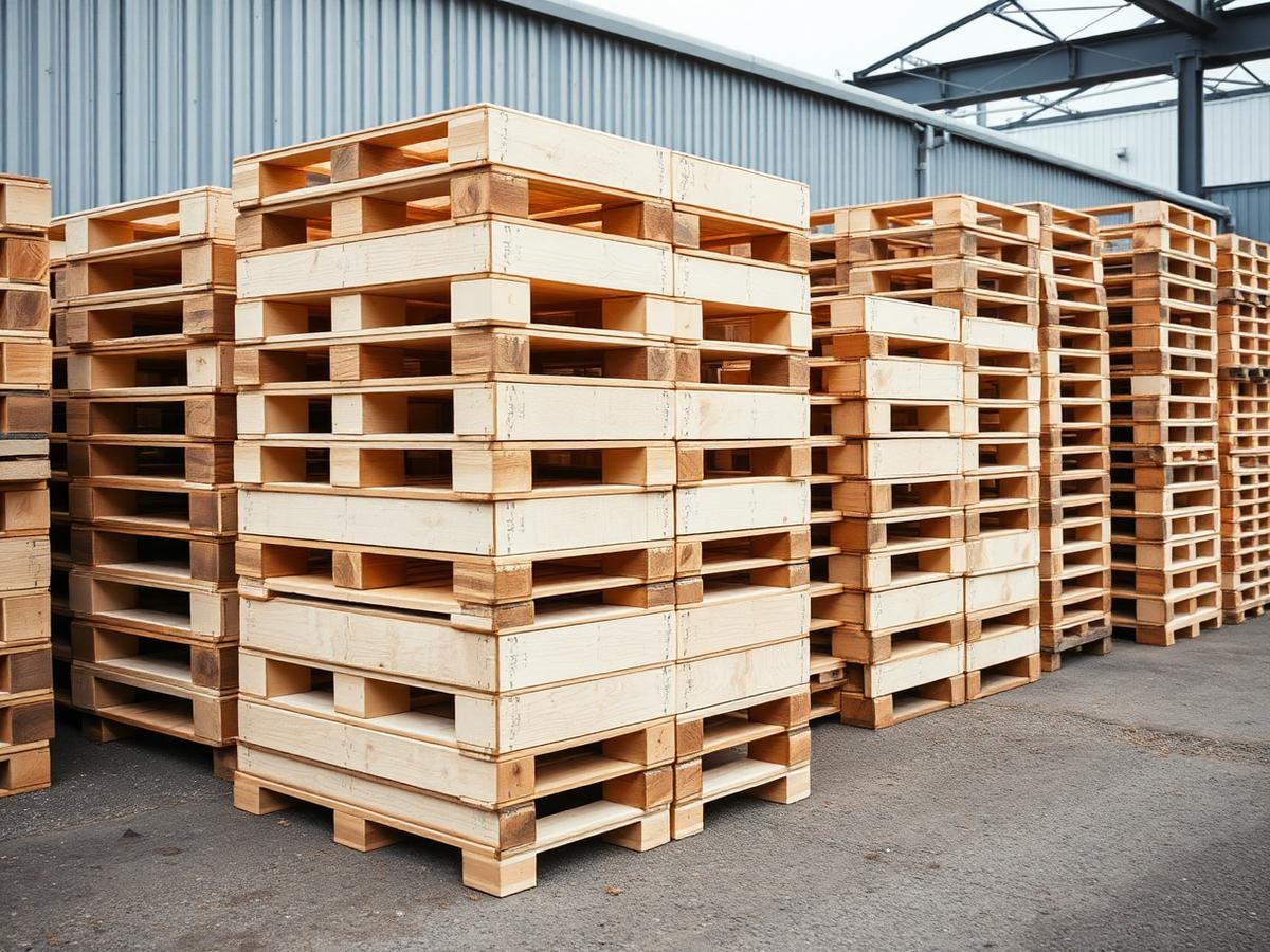 Stacks of pale heat-treated timber export pallets in a yard