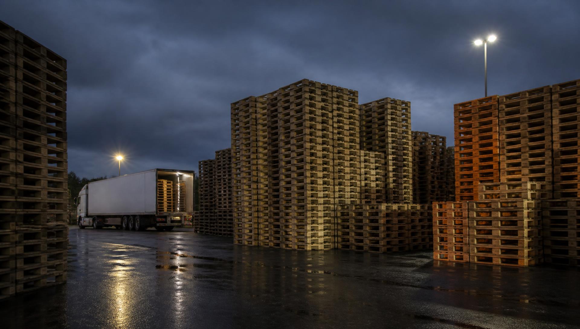 Stacks of used wooden pallets under floodlights in a pallet yard with a lorry being loaded