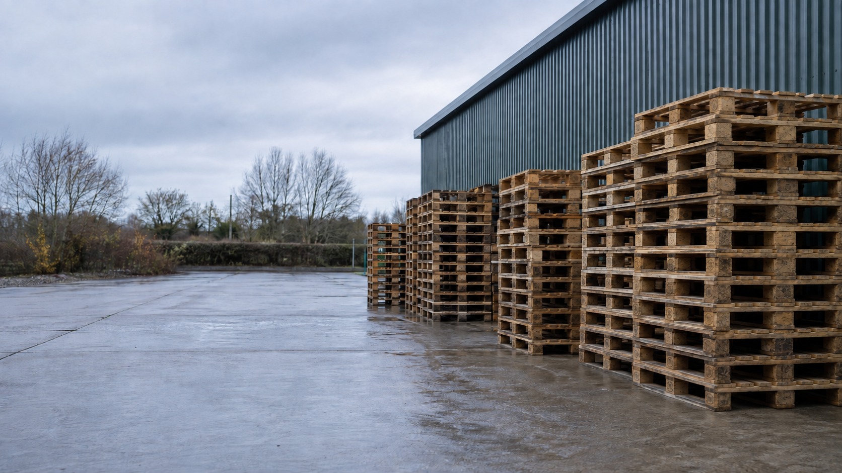 Pallet yard with orderly stacks of used wooden pallets beside an industrial building