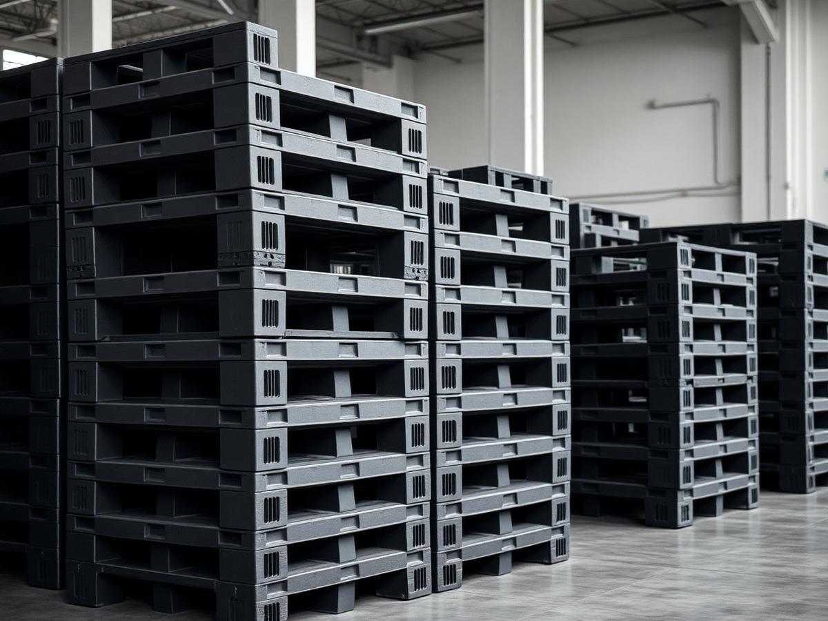 Stacks of grey and black heavy duty plastic pallets in a warehouse