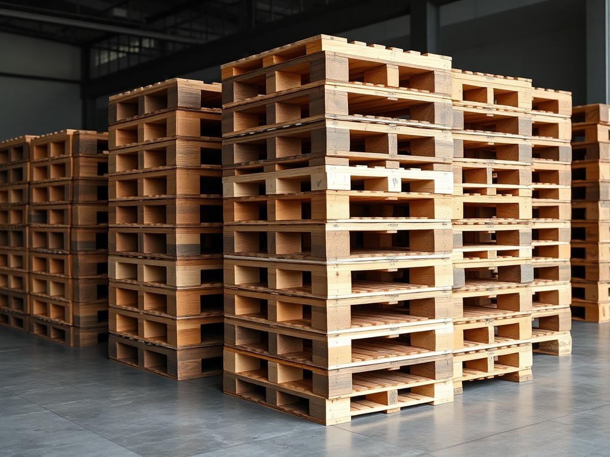 Stacks of sorted used wooden pallets in a warehouse